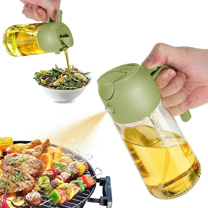 Glass Oil Sprayer and Dispenser Bottle 500ml | 2-in-1 Spray & Pour Oil Bottle for Cooking, Salad, Air Fryer & BBQ | Green Glass Oil Spray Bottle for Kitchen Use
