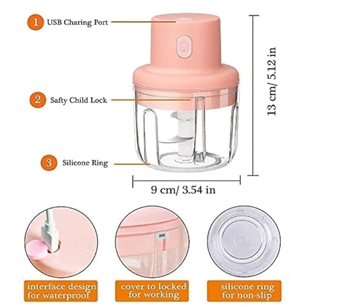 Portable Electric Mini Food Chopper for Kitchen | USB Rechargeable Vegetable Cutter & Garlic Chopper with Stainless Steel Blades | Multipurpose Mini Food Processor for Daily Cooking | Pink