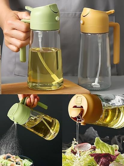 Glass Oil Sprayer and Dispenser Bottle 500ml | 2-in-1 Spray & Pour Oil Bottle for Cooking, Salad, Air Fryer & BBQ | Green Glass Oil Spray Bottle for Kitchen Use