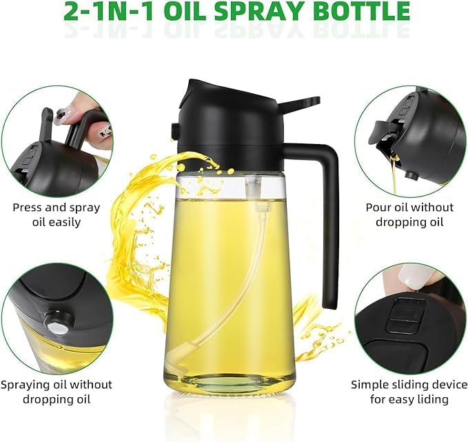 Glass Oil Sprayer and Dispenser Bottle 500ml | 2-in-1 Spray & Pour Oil Bottle for Cooking, Salad, Air Fryer & BBQ | Green Glass Oil Spray Bottle for Kitchen Use